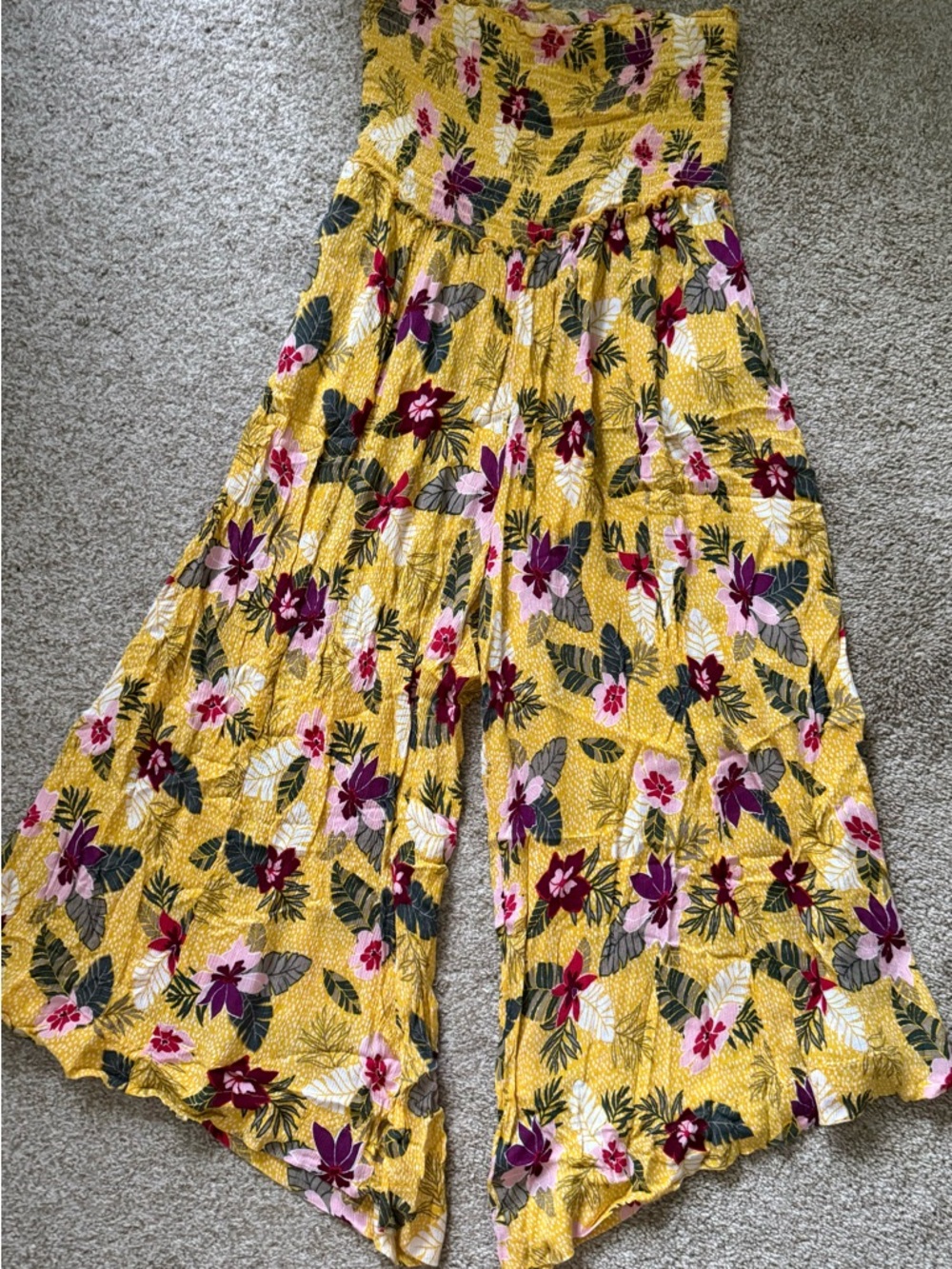 Yellow Floral Smocked Wide-Leg Jumpsuit